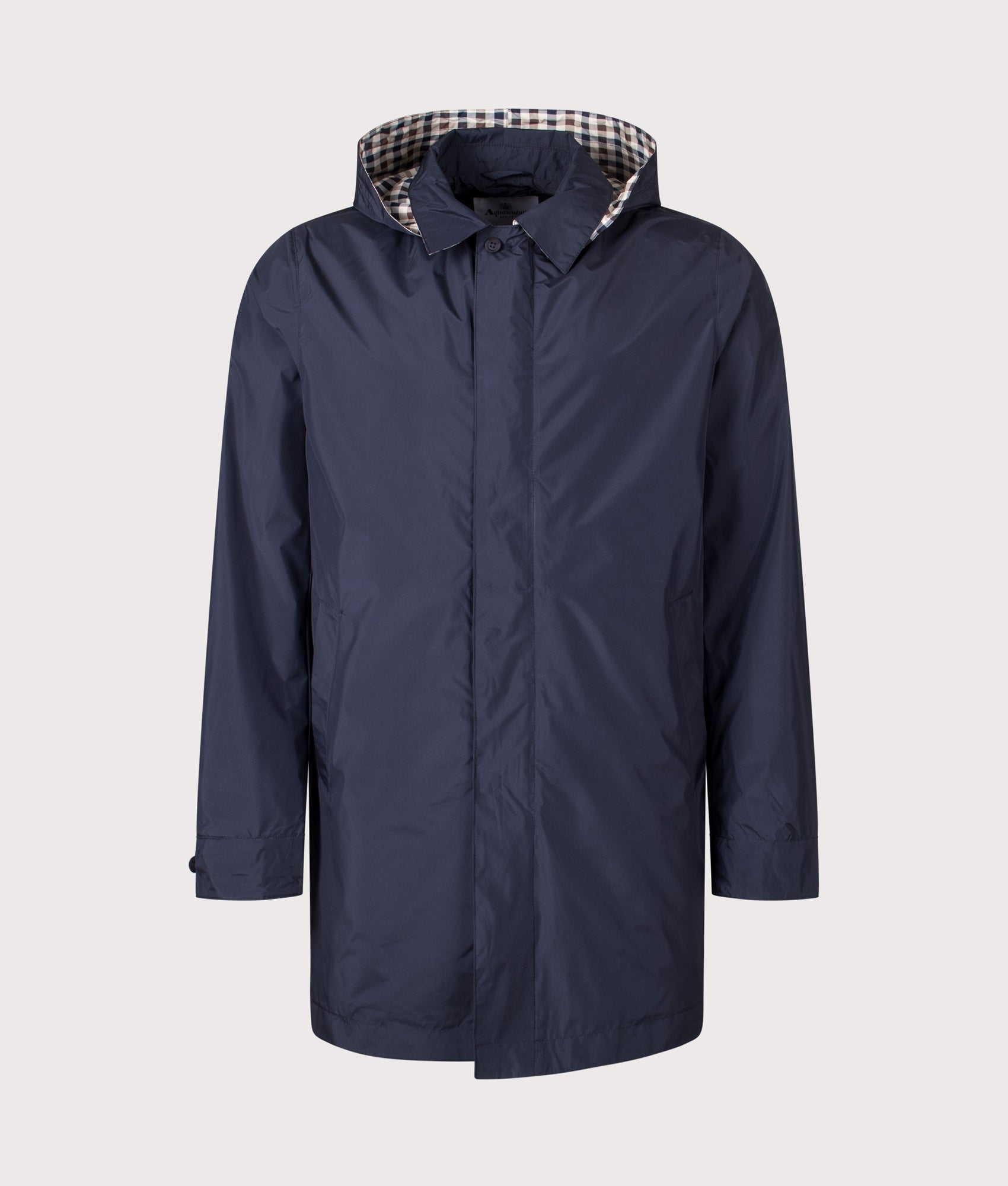 Packable Trench Coat by Aquascutum in Navy. Shot by EQVVS. Front shot.
