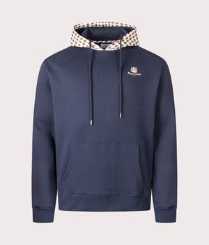Aquascutum Club Check hoodie in Navy at EQVVS Menswear. Front shot. 