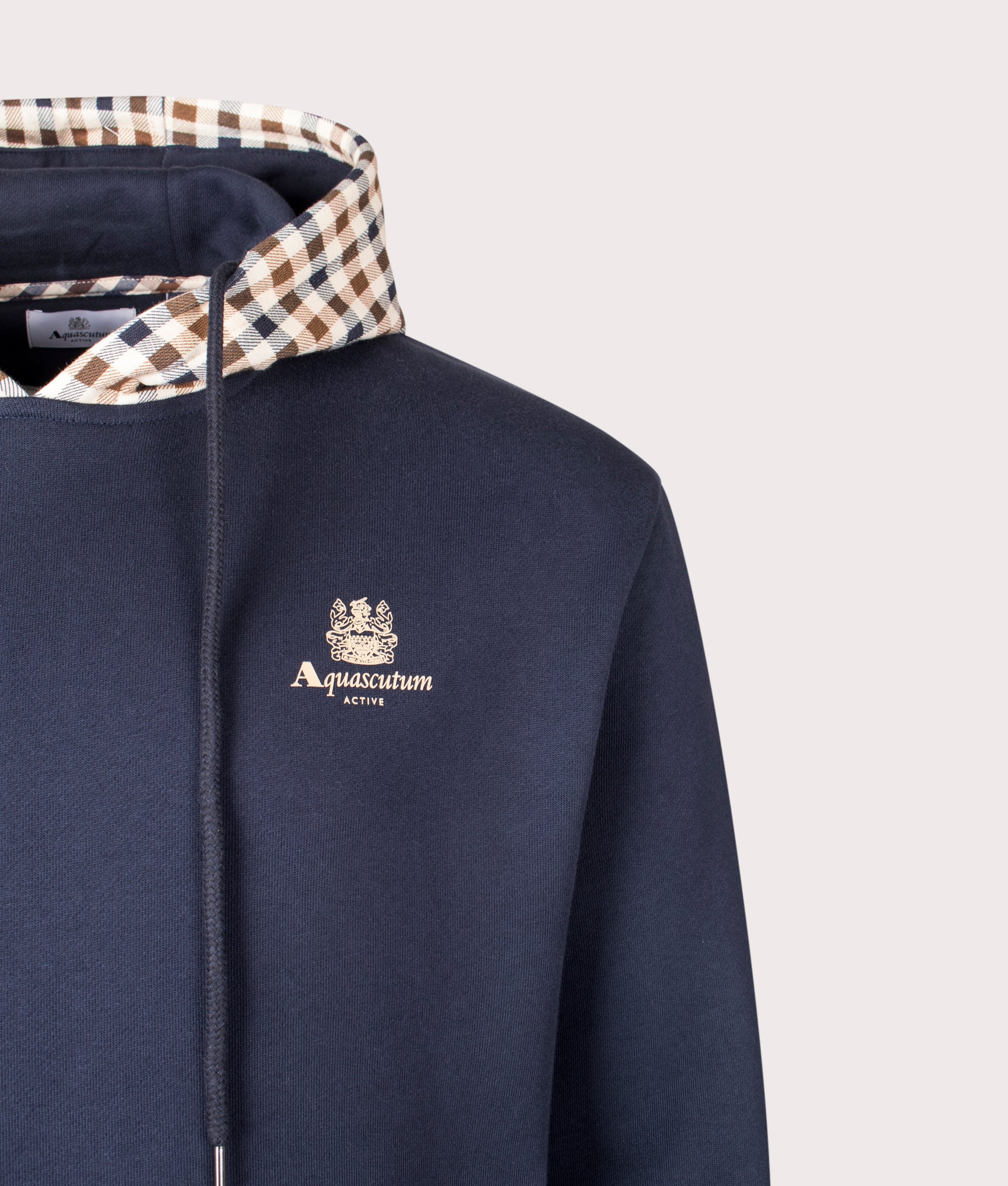Aquascutum Club Check hoodie in Navy at EQVVS Menswear. Detail shot. 
