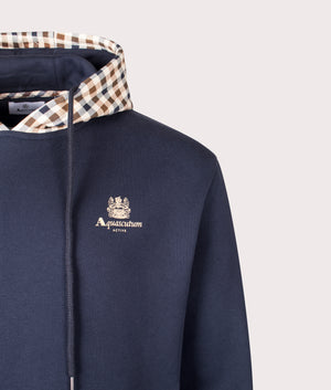 Aquascutum Club Check hoodie in Navy at EQVVS Menswear. Detail shot. 