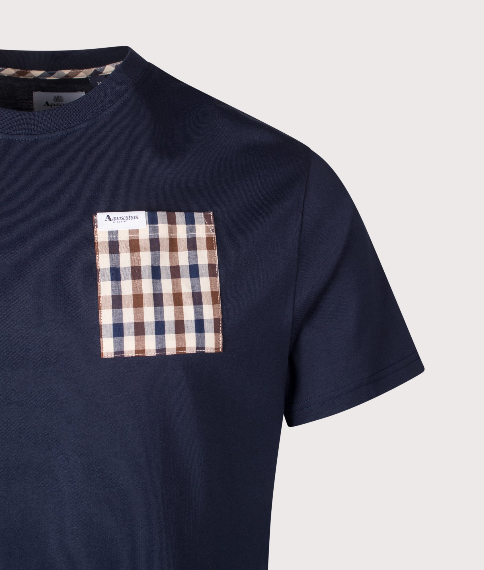 Club Check Pocket T-Shirt by Aquascutum in Navy. Shot by EQVVS. Detail shot.