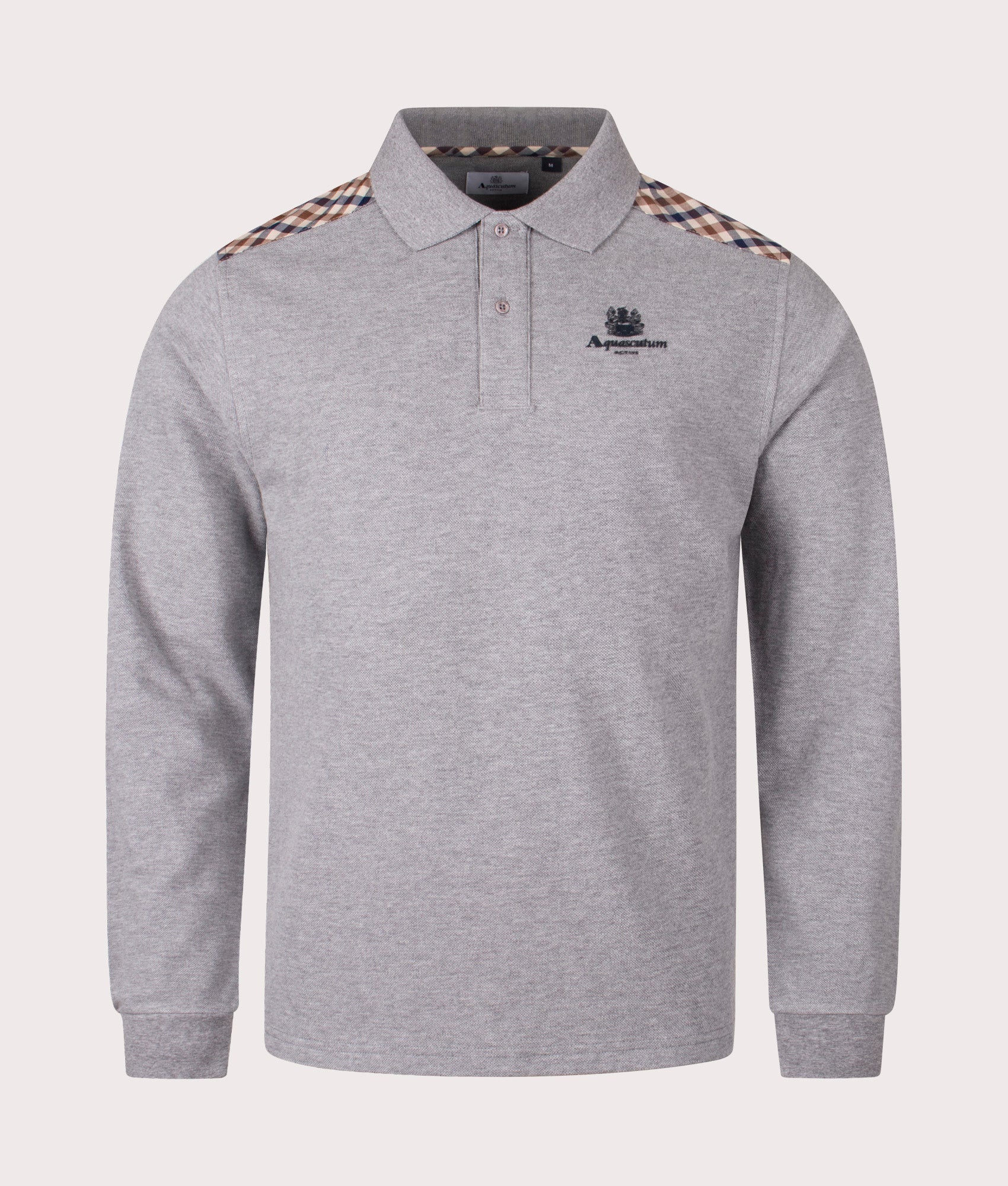 Aquascutum Stripes Piquet Long Sleeve Polo Shirt in Grey at EQVVS Menswear. Front shot.
