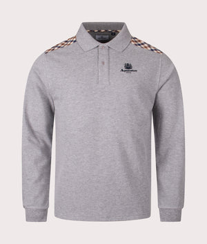 Aquascutum Stripes Piquet Long Sleeve Polo Shirt in Grey at EQVVS Menswear. Front shot.