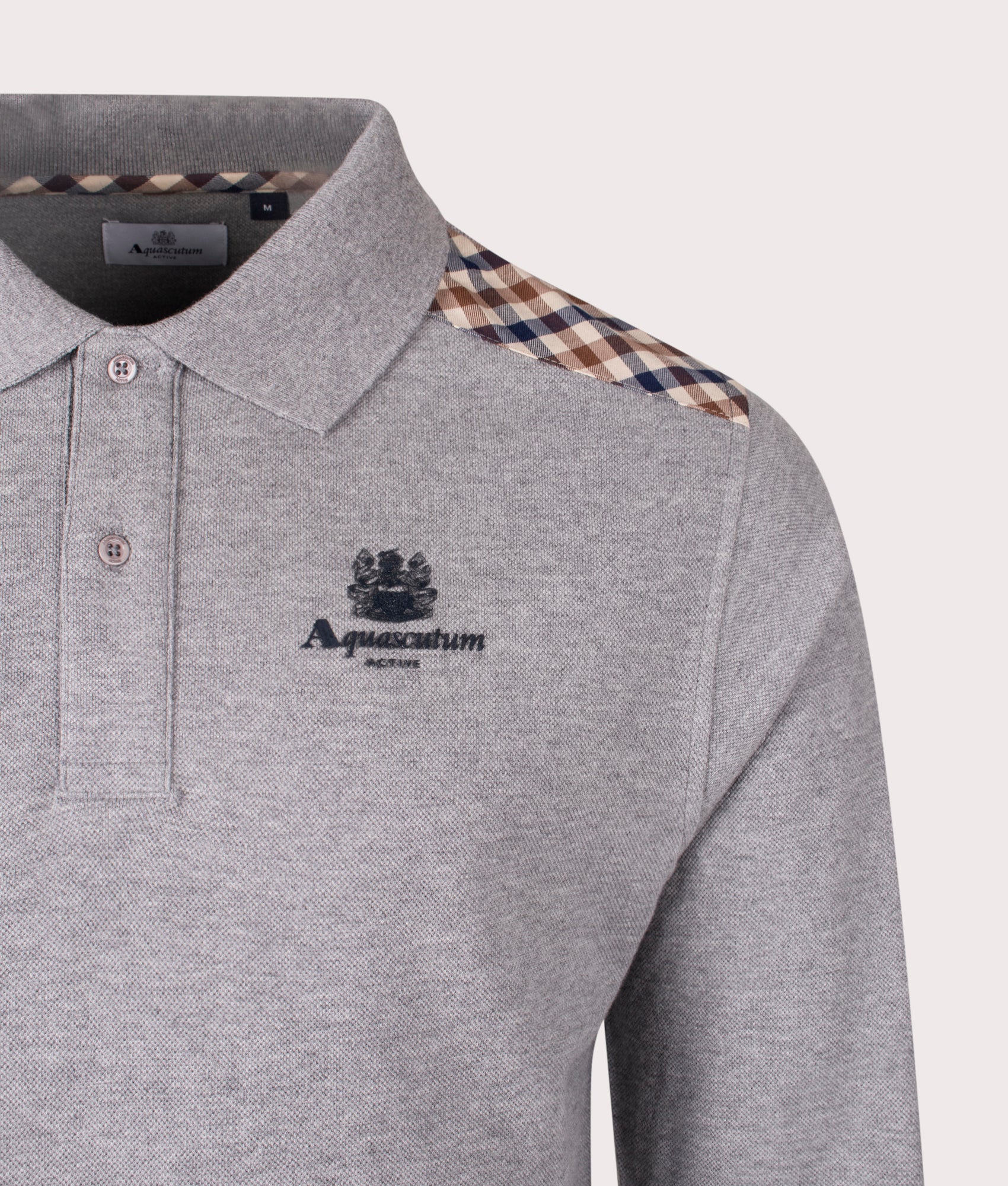 Aquascutum Stripes Piquet Long Sleeve Polo Shirt in Grey at EQVVS Menswear. Detail shot.