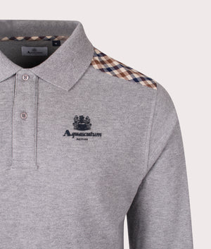 Aquascutum Stripes Piquet Long Sleeve Polo Shirt in Grey at EQVVS Menswear. Detail shot.
