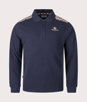 Aquascutum Stripes Pique Long Sleeve Polo Shirt in Navy at EQVVS Menswear. Front Shot.