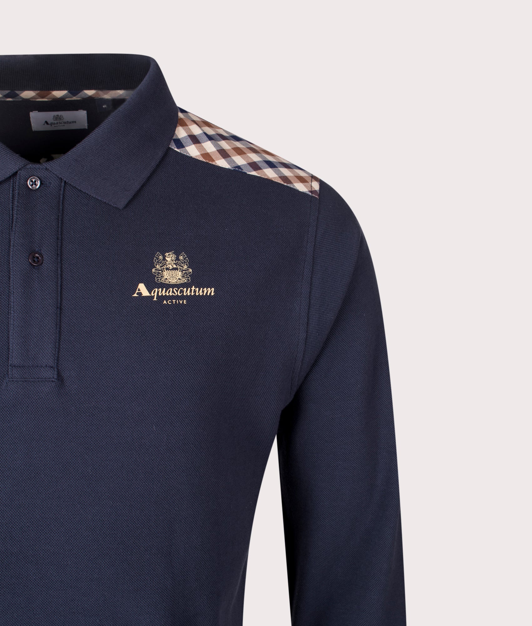 Aquascutum Stripes Pique Long Sleeve Polo Shirt in Navy at EQVVS Menswear. Detail Shot.