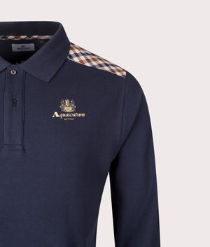 Aquascutum Stripes Pique Long Sleeve Polo Shirt in Navy at EQVVS Menswear. Detail Shot.