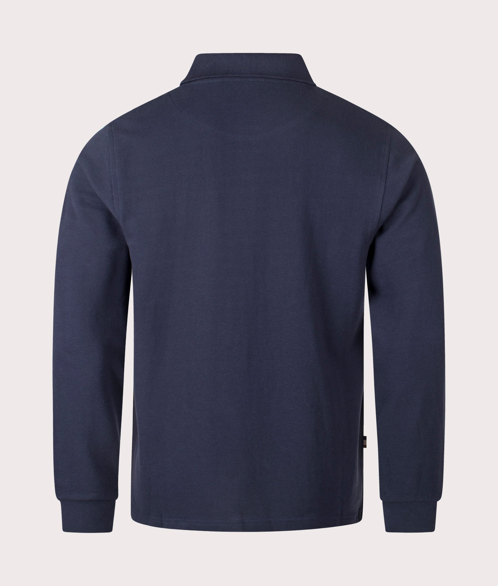 Aquascutum Stripes Pique Long Sleeve Polo Shirt in Navy at EQVVS Menswear. Back shot.
