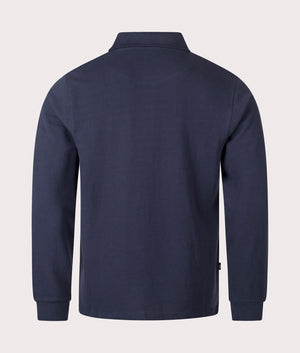 Aquascutum Stripes Pique Long Sleeve Polo Shirt in Navy at EQVVS Menswear. Back shot.
