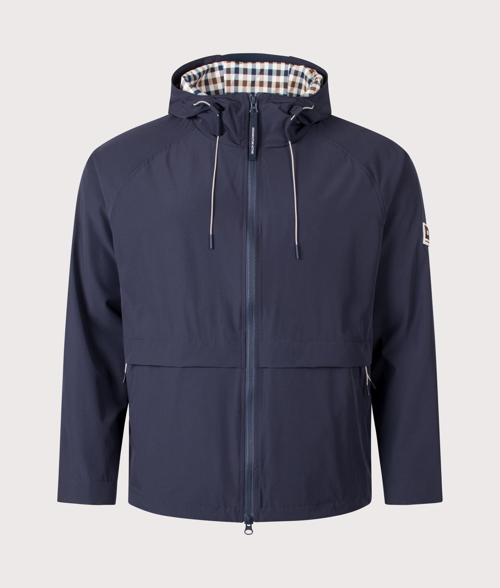 Aquascutum Shell SP Hooded Jacket in Navy at EQVVS Menswear. Front shot.