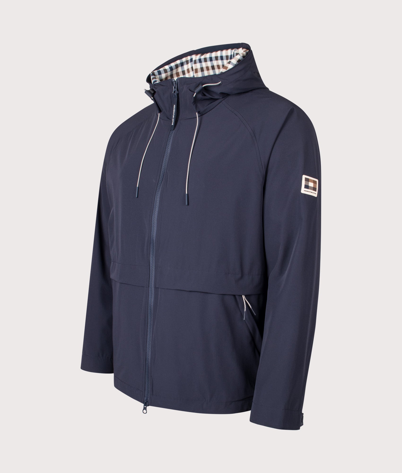 Aquascutum Shell SP Hooded Jacket in Navy at EQVVS Menswear. Angled front shot.