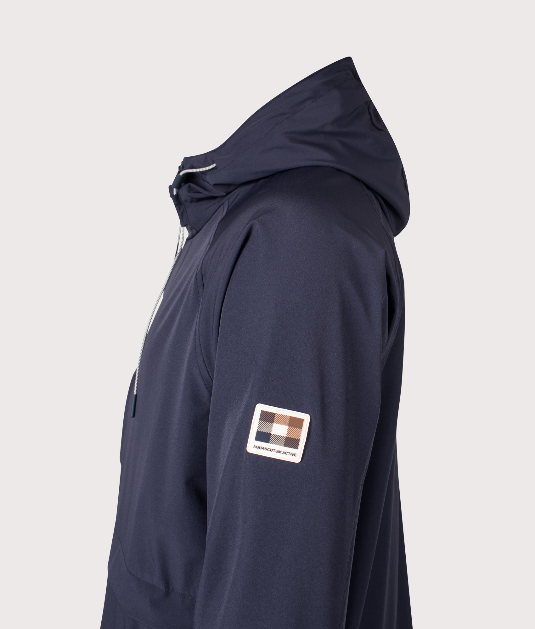 Aquascutum Shell SP Hooded Jacket in Navy at EQVVS Menswear. Detail shot.