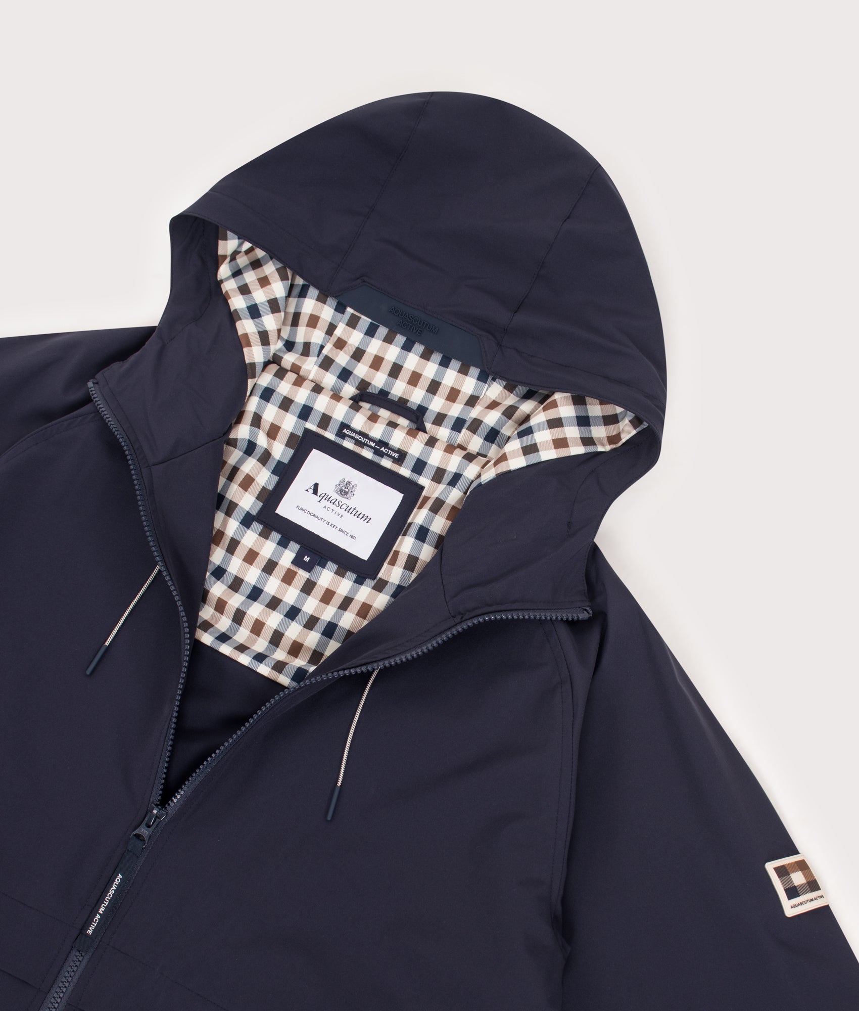 Aquascutum Shell SP Hooded Jacket in Navy at EQVVS Menswear. Open hood detail shot.