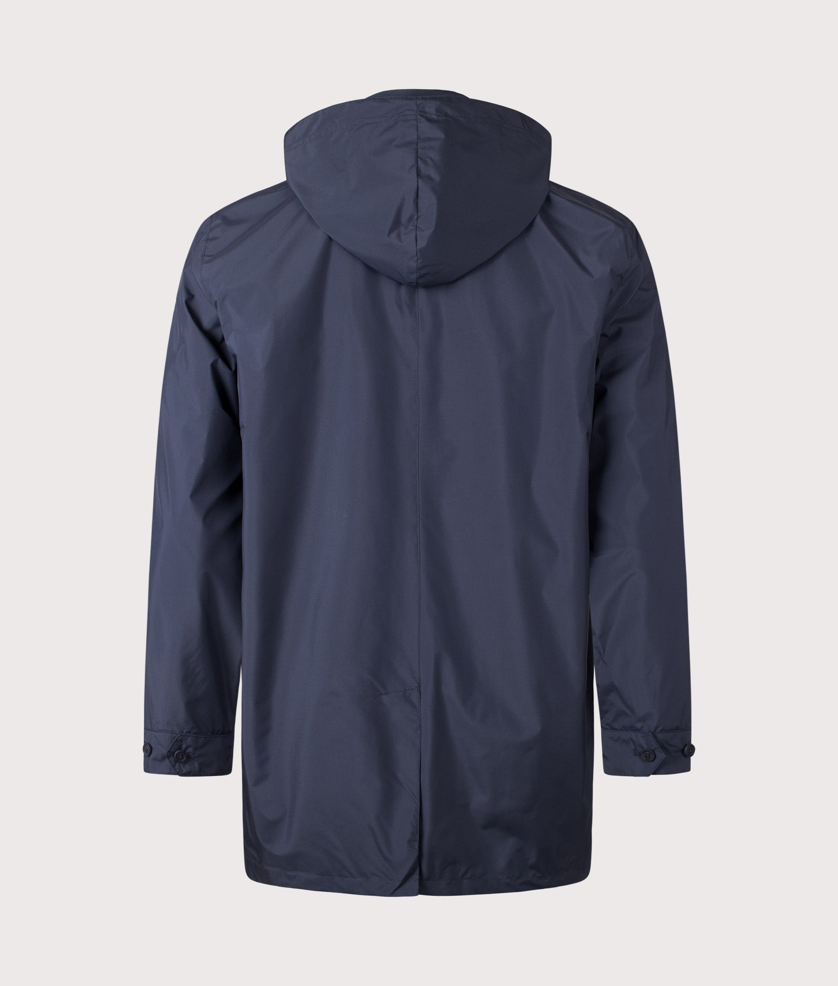 Aquascutum RLG Badge Packable Trench Coat in Navy at EQVVS Menswear. Back shot.