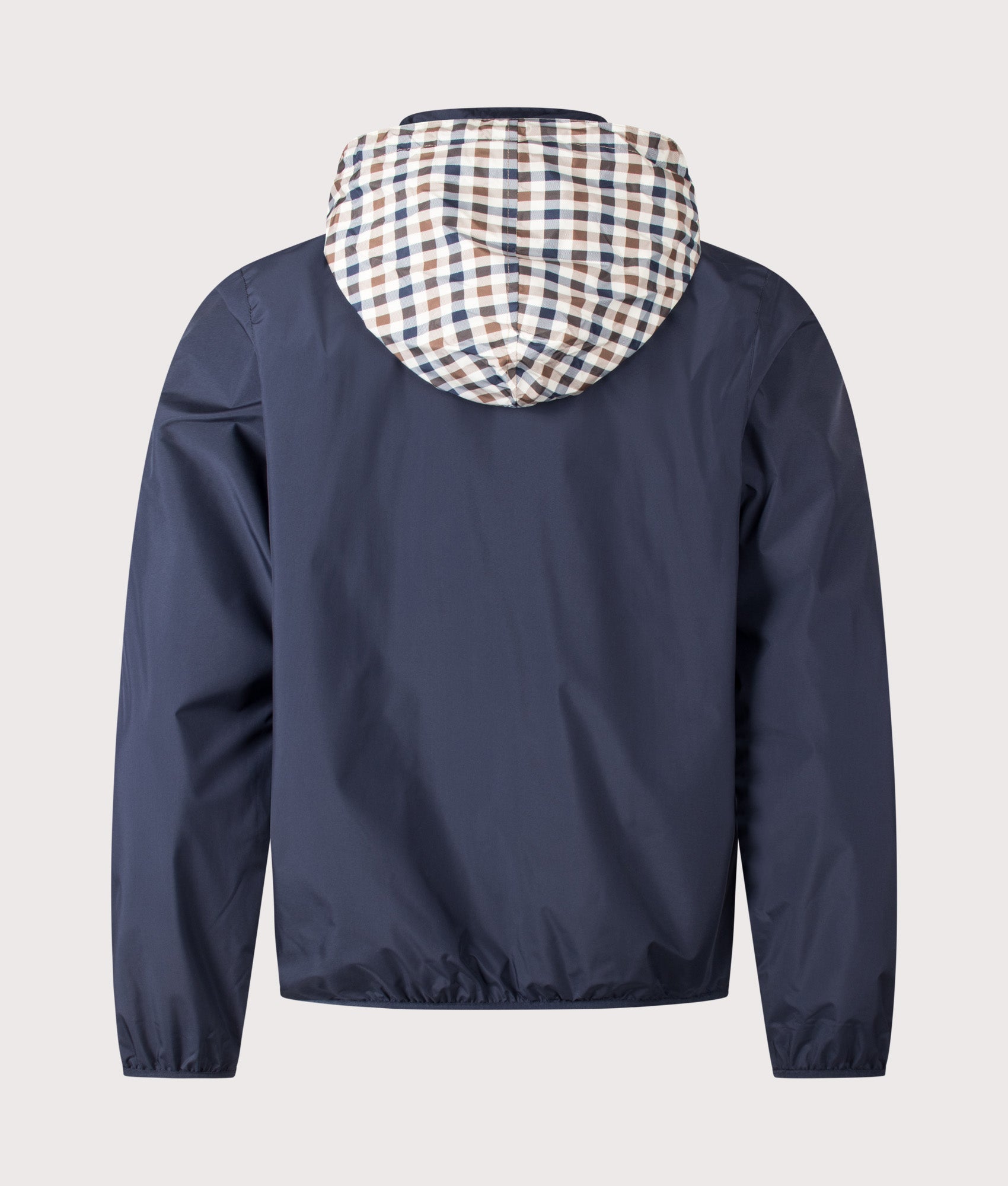 Aquascutum RLG Badge Windbreaker in Navy at EQVVS Menswear. Back shot with hood. 