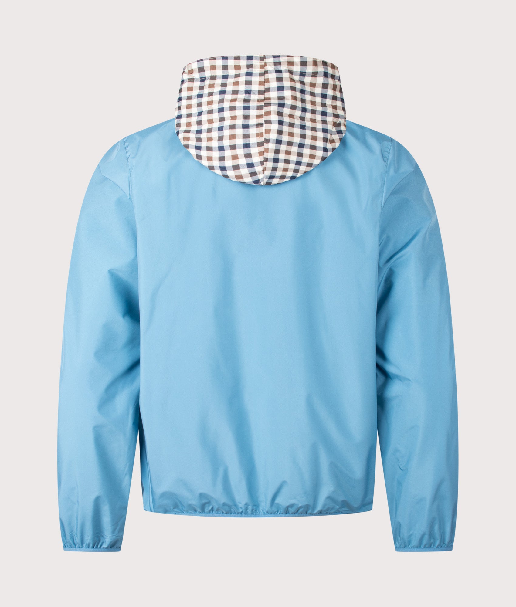 Aquascutum RLG Badge Windbreaker in Avio at EQVVS Menswear. Back shot with hood.