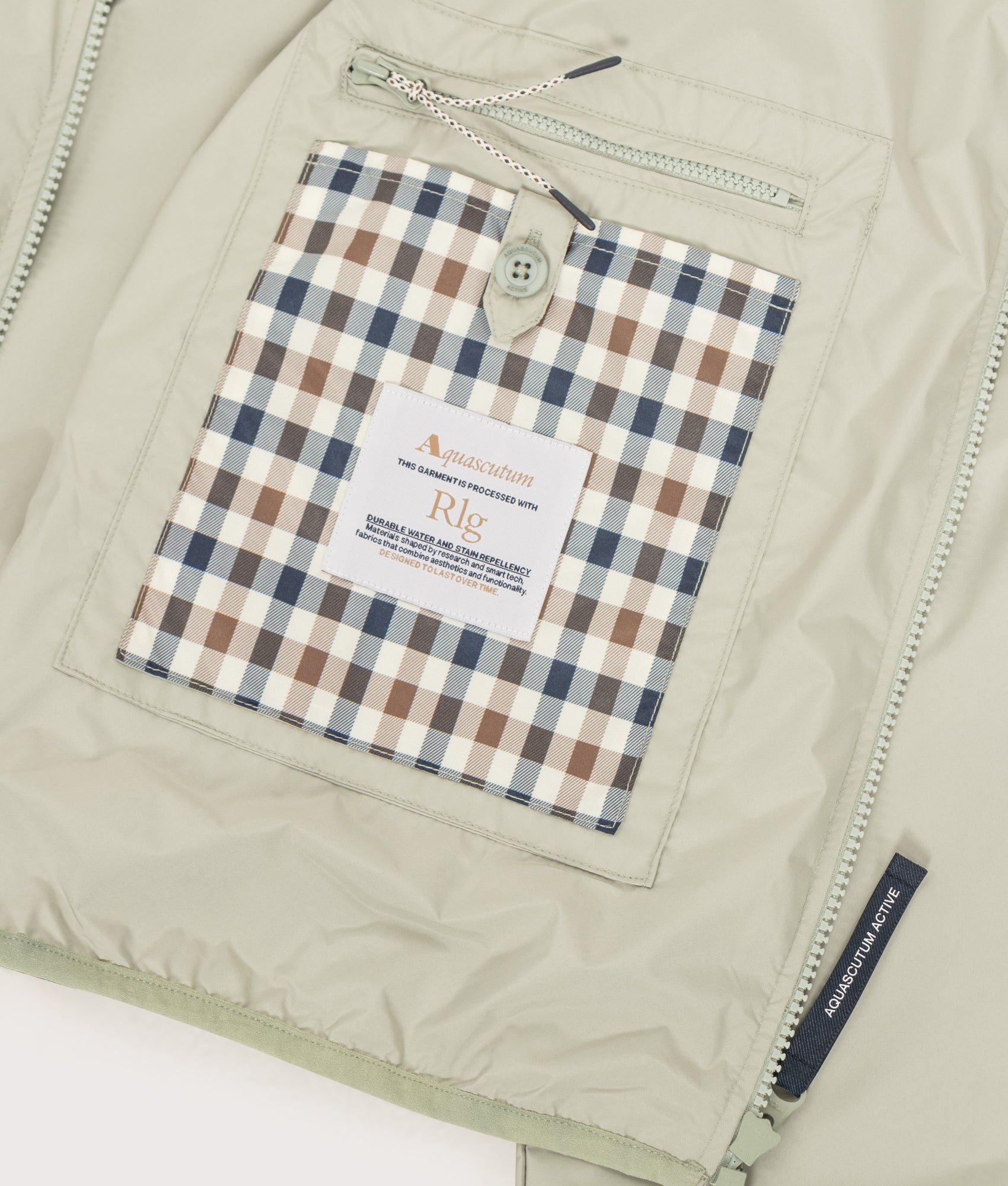Aquascutum RLG Badge Windbreaker  in Salvia at EQVVS Menswear. Internal detail shot.