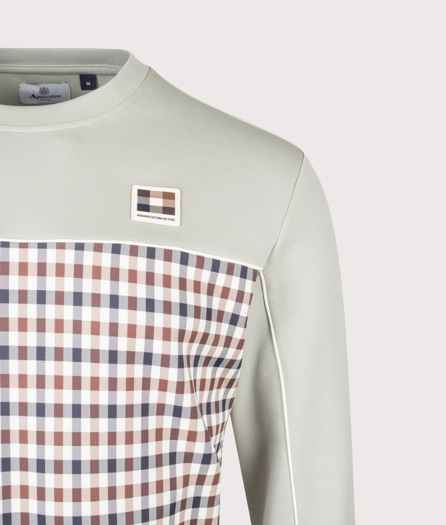 Aquascutum Club Check Crewneck Sweatshirt in Salvia at EQVVS Menswear. Detail shot.