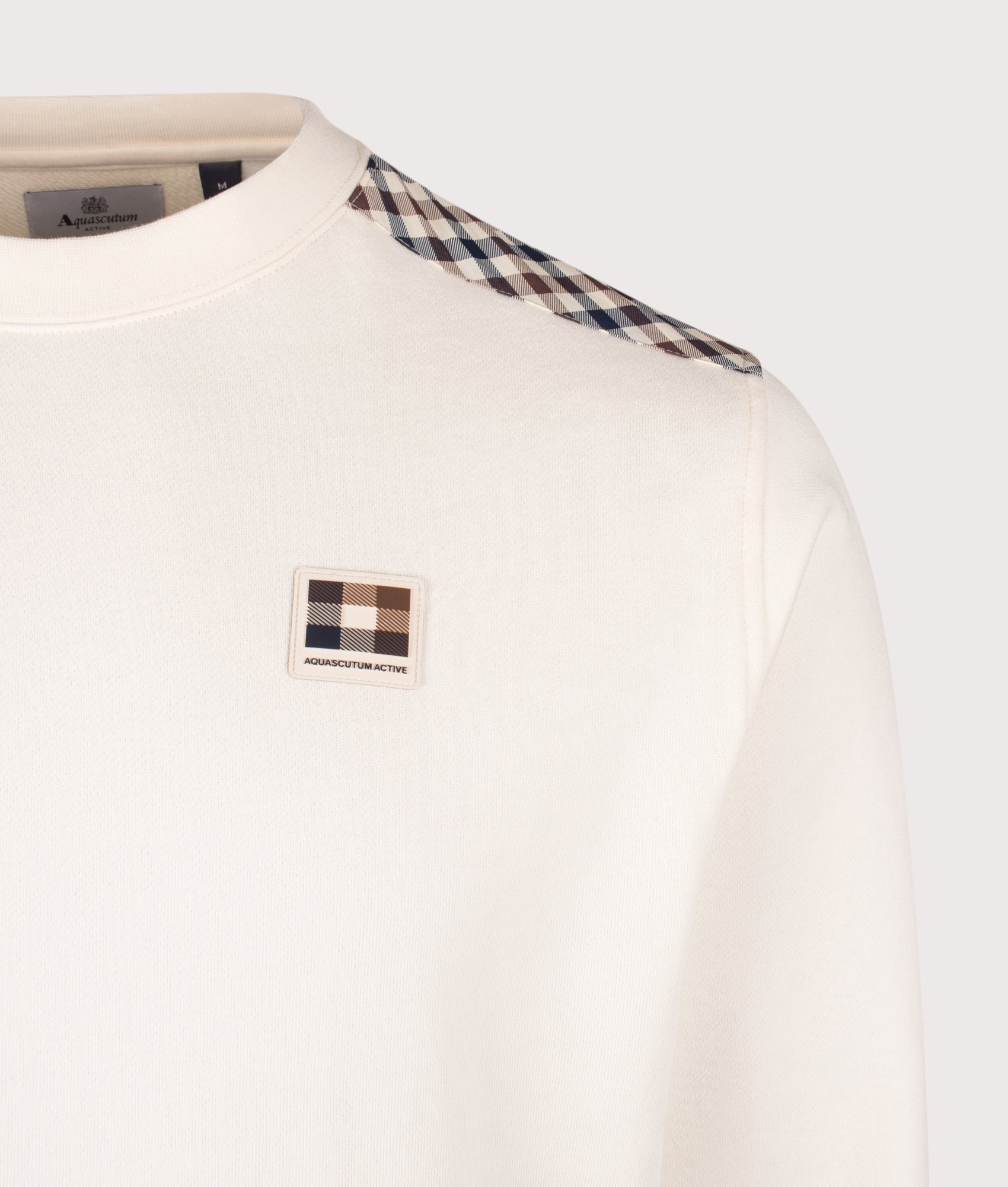 Aquascutum Lamina Insert Crewneck Sweatshirt in Old White at EQVVS Menswear. Detail shot.