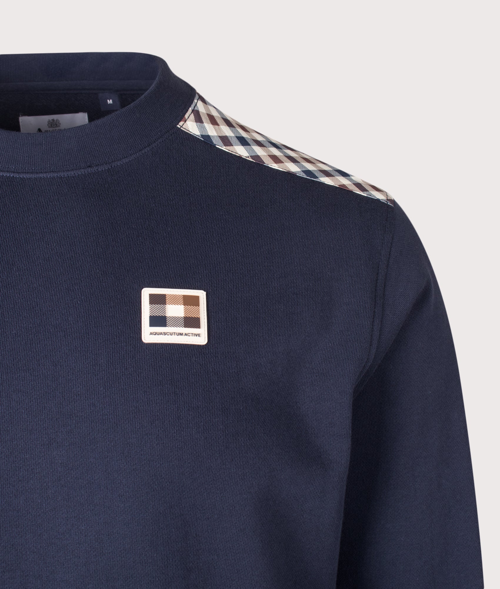 Aquascutum Lamina Insert Crewneck Sweatshirt in Navy at EQVVS Menswear. Detail shot.