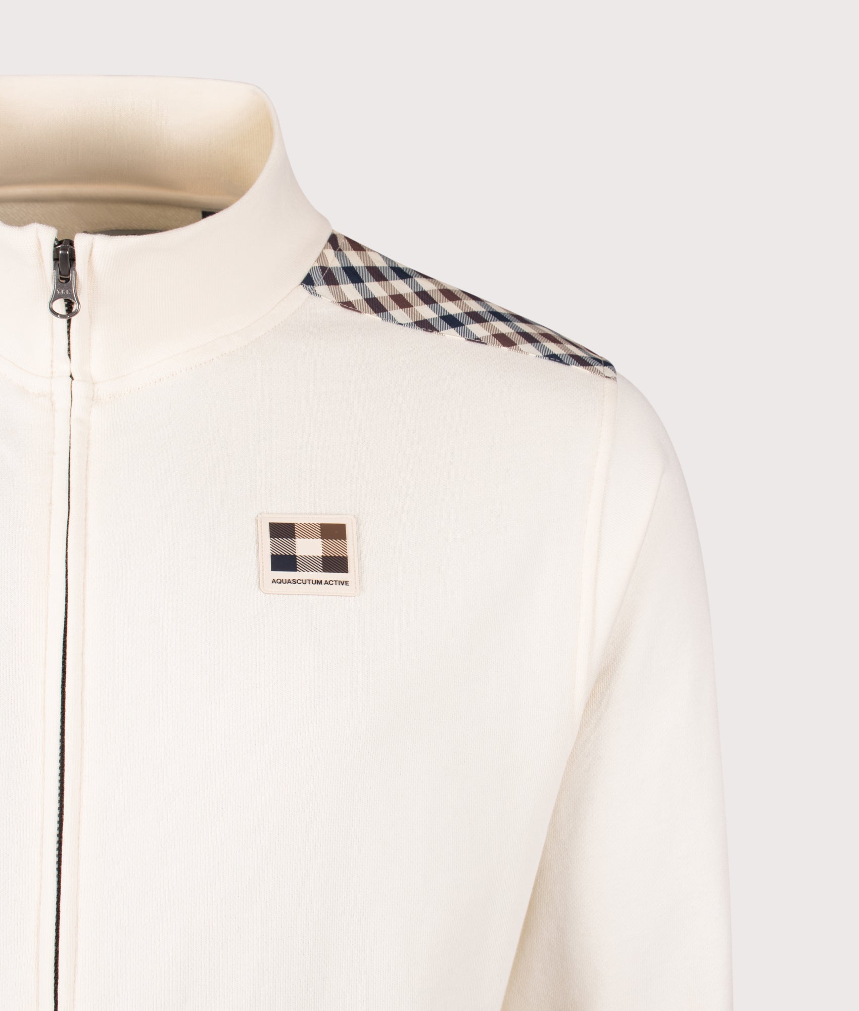 Aquascutum Lamina Insert Mock Neck Track Top in Old White at EQVVS Menswear. Detail shot.