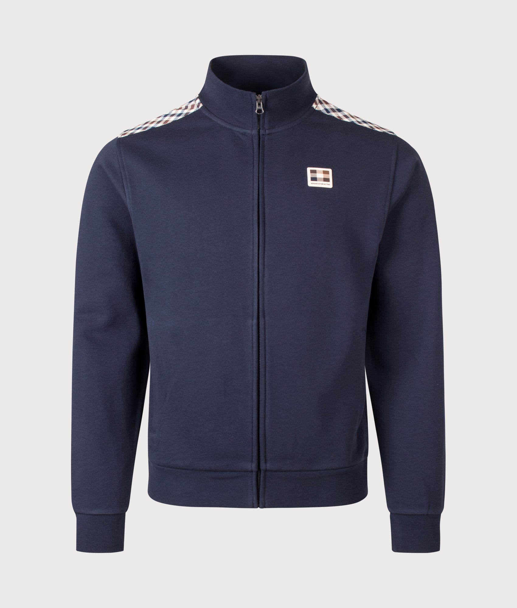 Aquascutum Lamina Insert Mock Neck Track Top in Navy at EQVVS Menswear. Front shot.