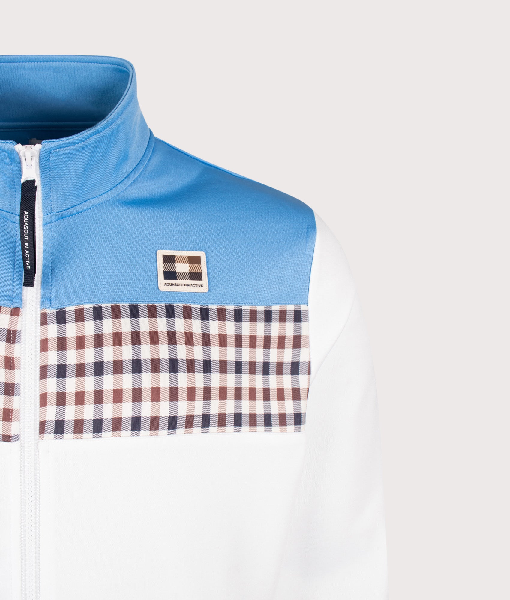 Aquascutum Club Check Stripes Track Top in Avio at EQVVS Menswear. Detail shot.