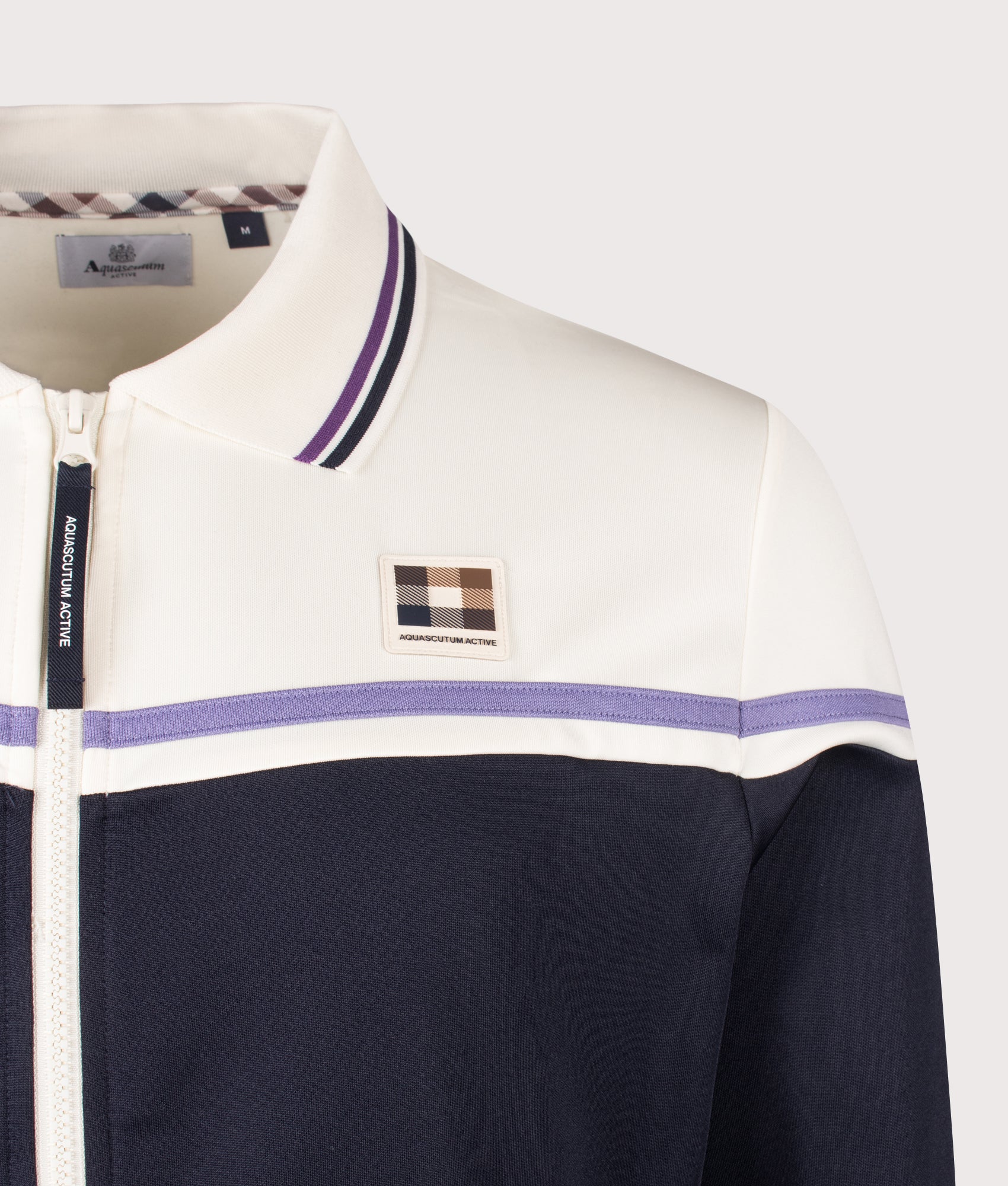 Aquascutum Polo Collar Track Top in Old White at EQVVS Menswear. Detail shot.