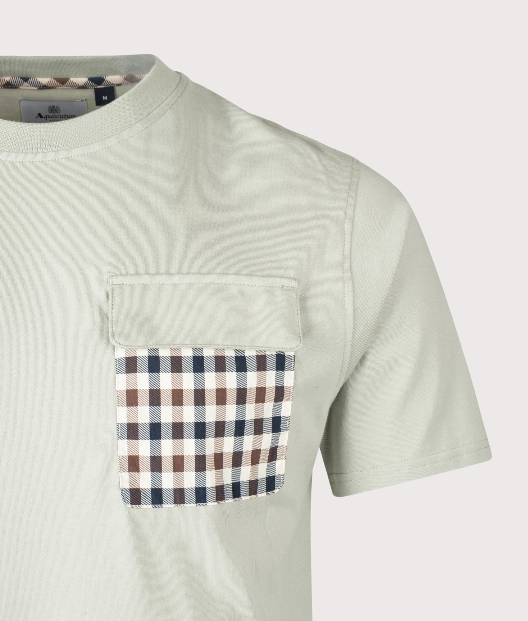 Aquascutum iconic Lamina Pocket T-Shirt in Salvia at EQVVS Menswear. Detail shot.