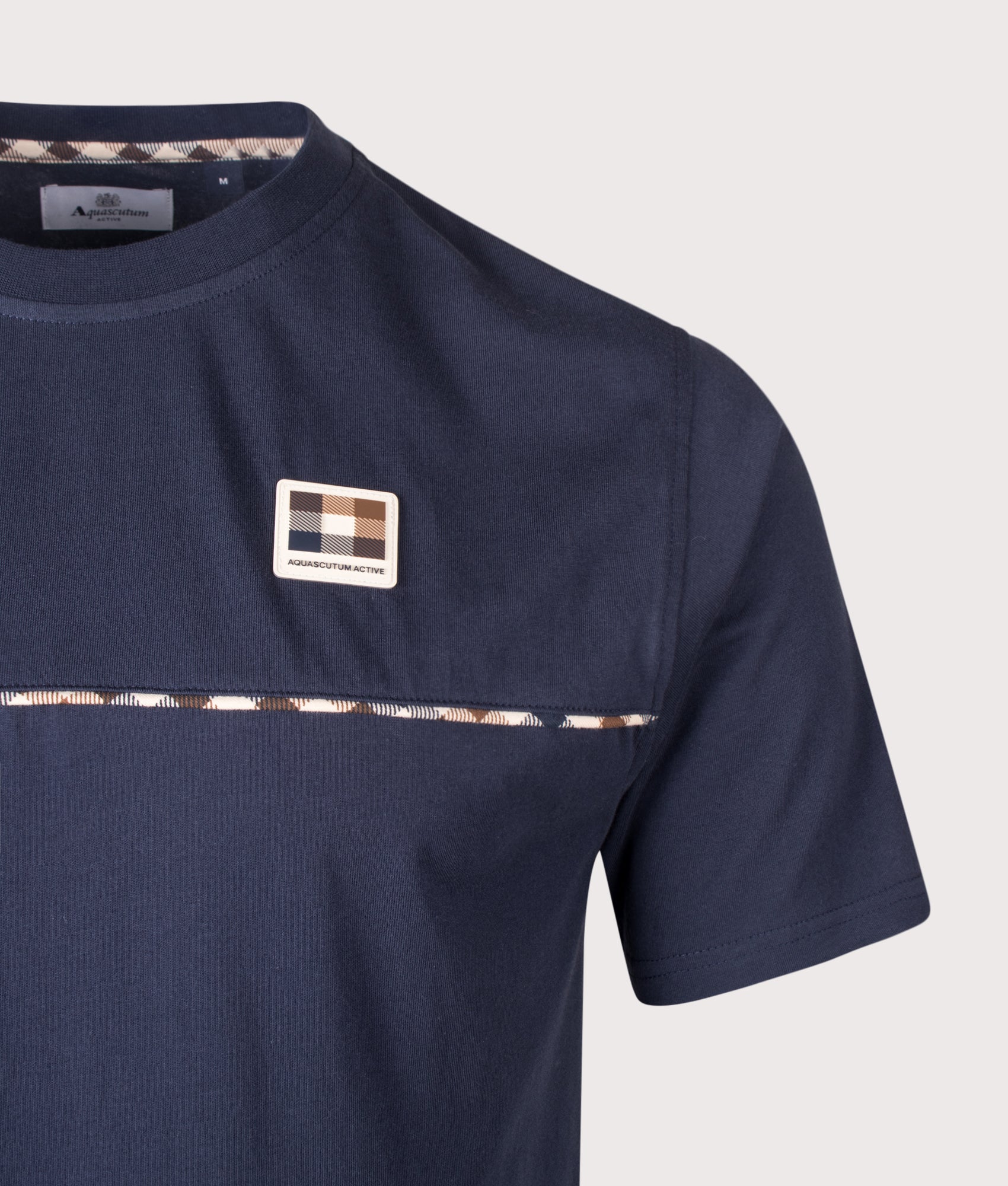 Aquascutum Club Check Piping T-Shirt in Navy at EQVVS Menswear. Detail shot.
