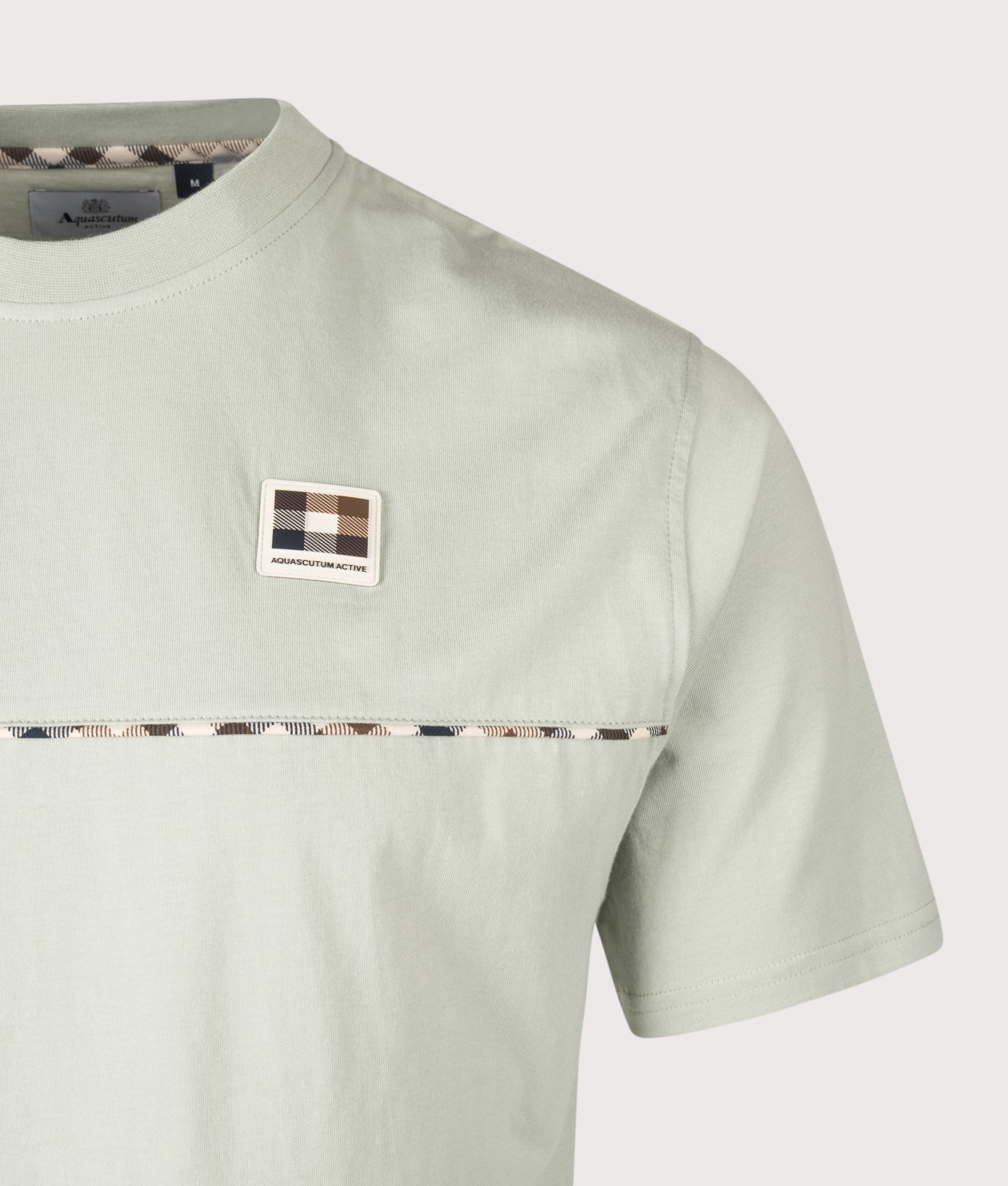Aquascutum Club Check Piping T-Shirt in Salvia at EQVVS Menswear. Detail shot.