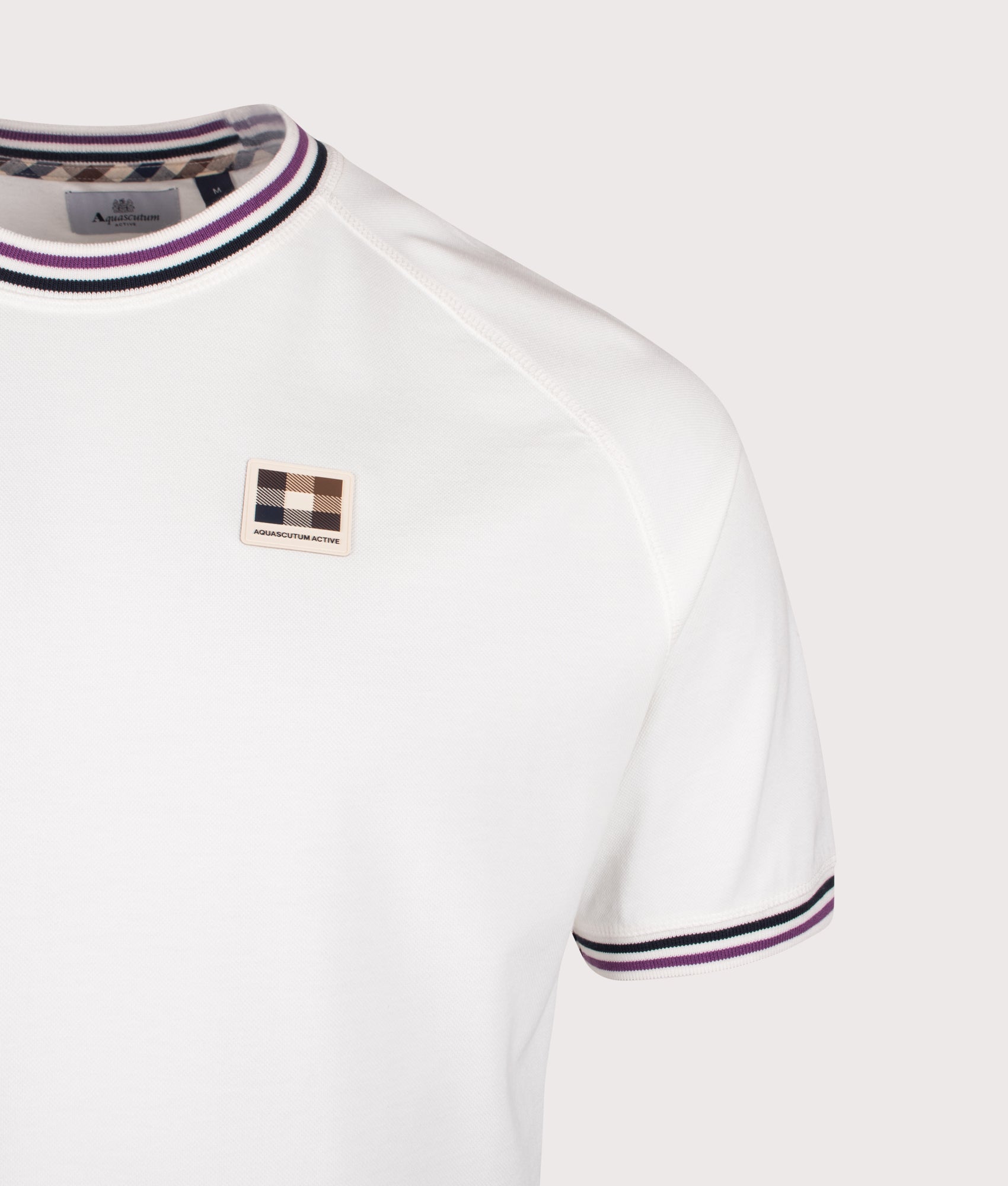 Aquascutum Stripes Piquet T-Shirt in Old White at EQVVS Menswear. Detail shot.