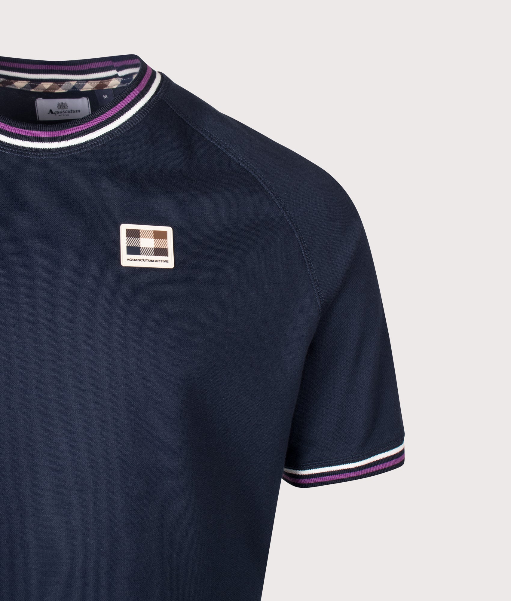 Aquascutum Stripes Piquet T-Shirt in Navy at EQVVS Menswear. Detail shot.