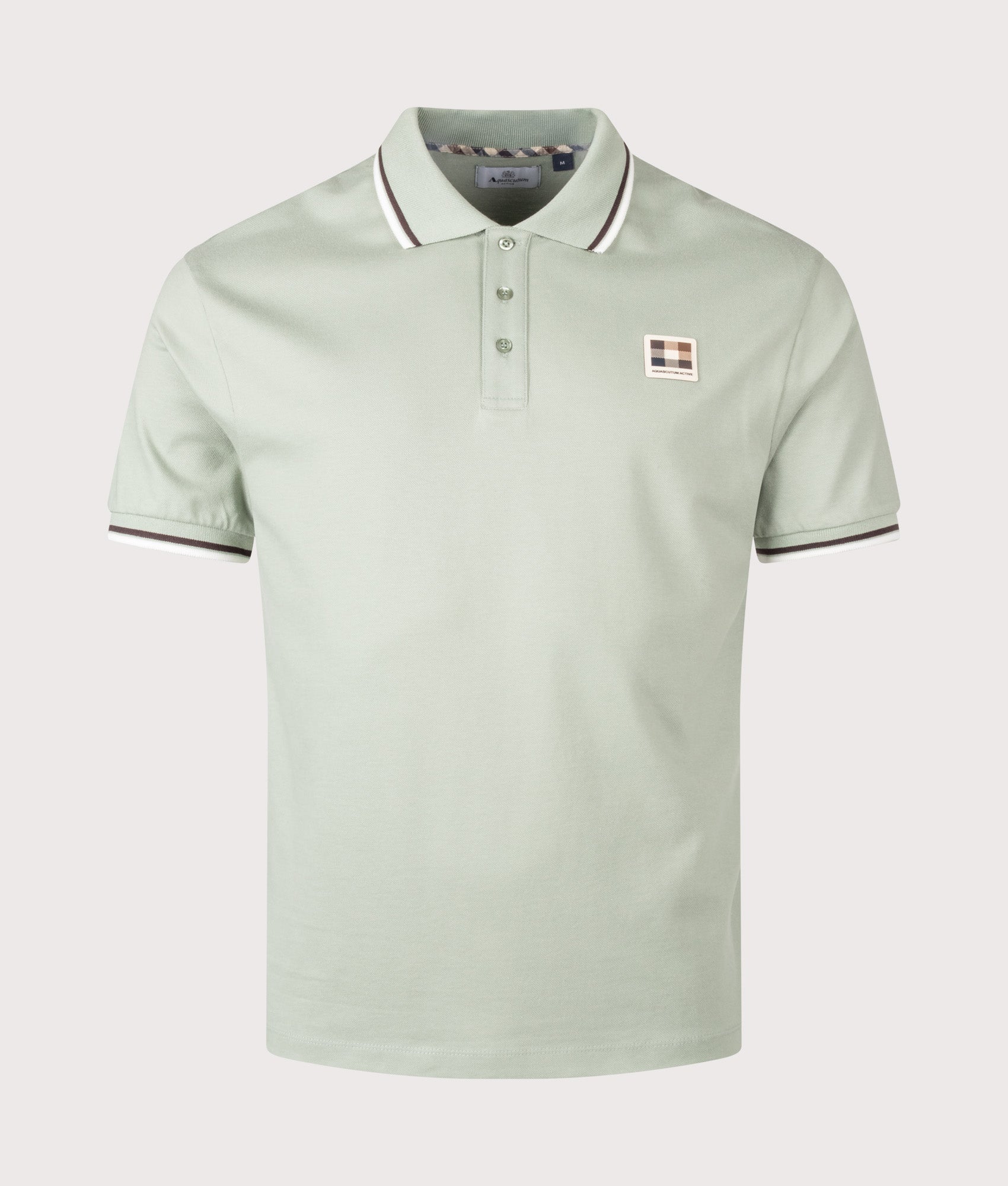 Aquascutum Stretch Piquet Stripes Polo Shirt in Salvia at EQVVS Menswear. Front shot.