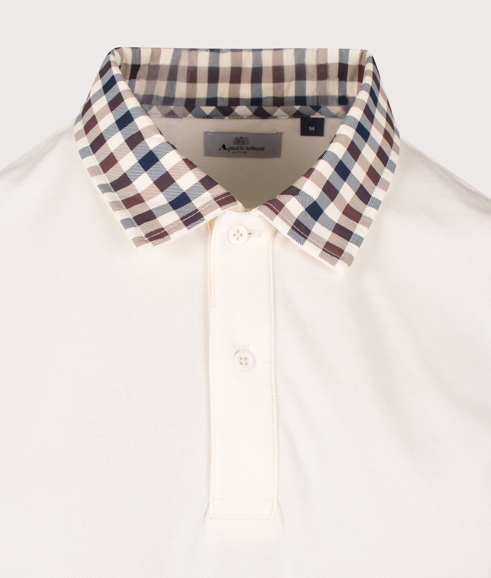 Aquascutum Club Check Collar Polo Shirt in Old White at EQVVS Menswear.  Detail shot.
