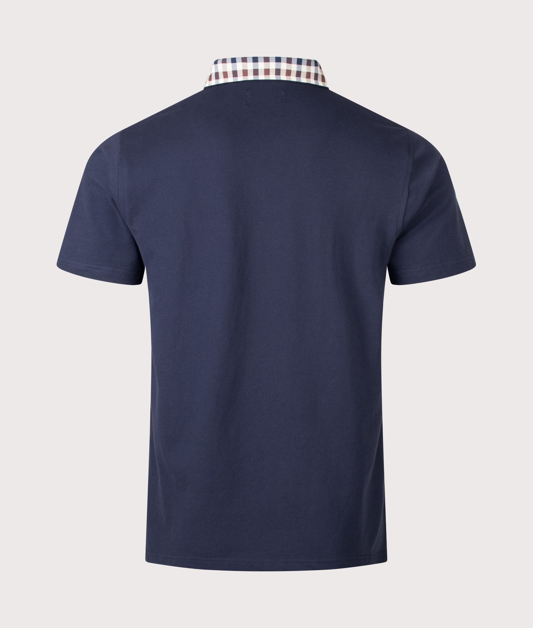 Aquascutum Club Check Collar Polo Shirt in Navy at EQVVS Menswear. Back shot.
