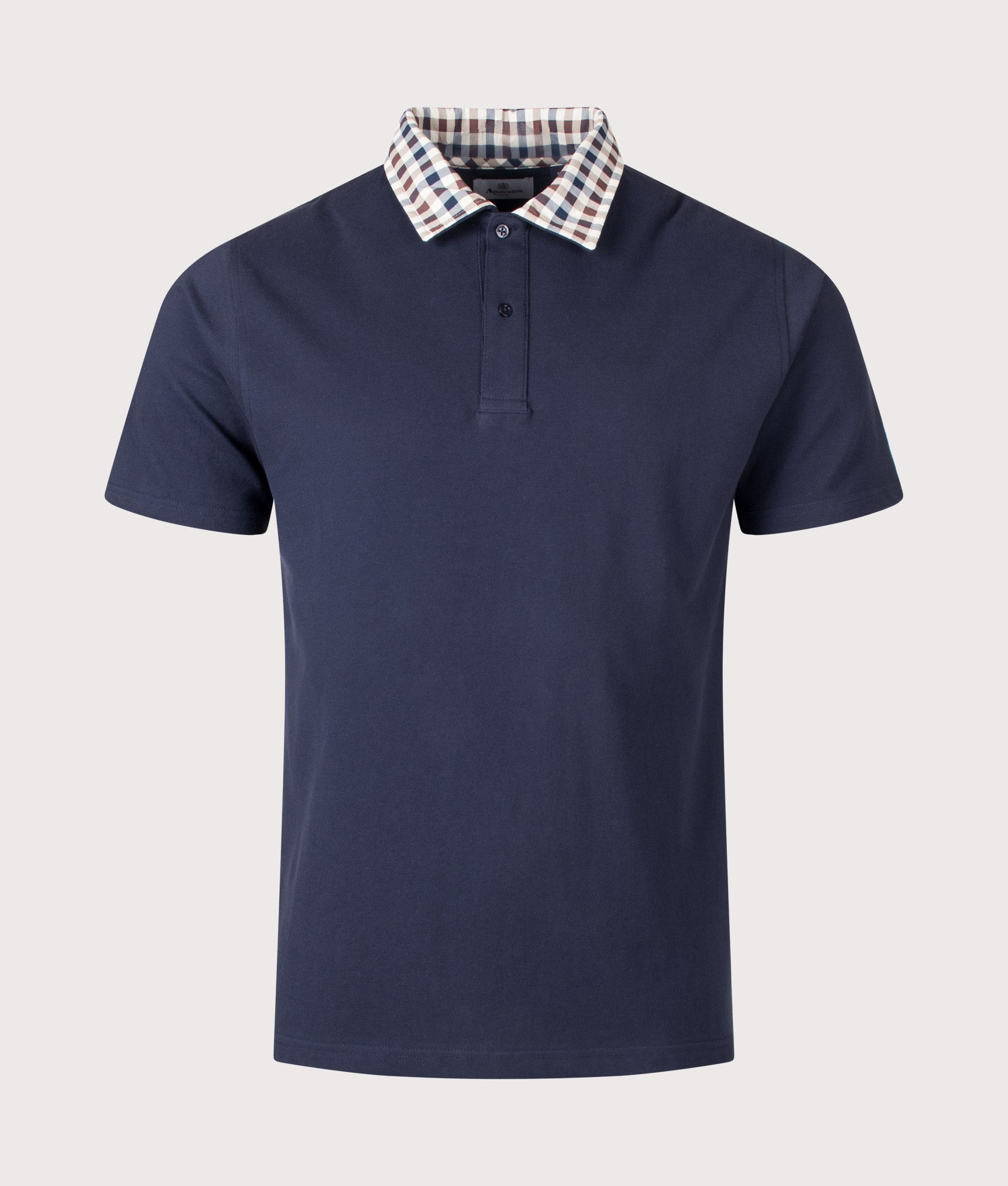 Aquascutum Club Check Collar Polo Shirt in Navy at EQVVS Menswear. Front shot.