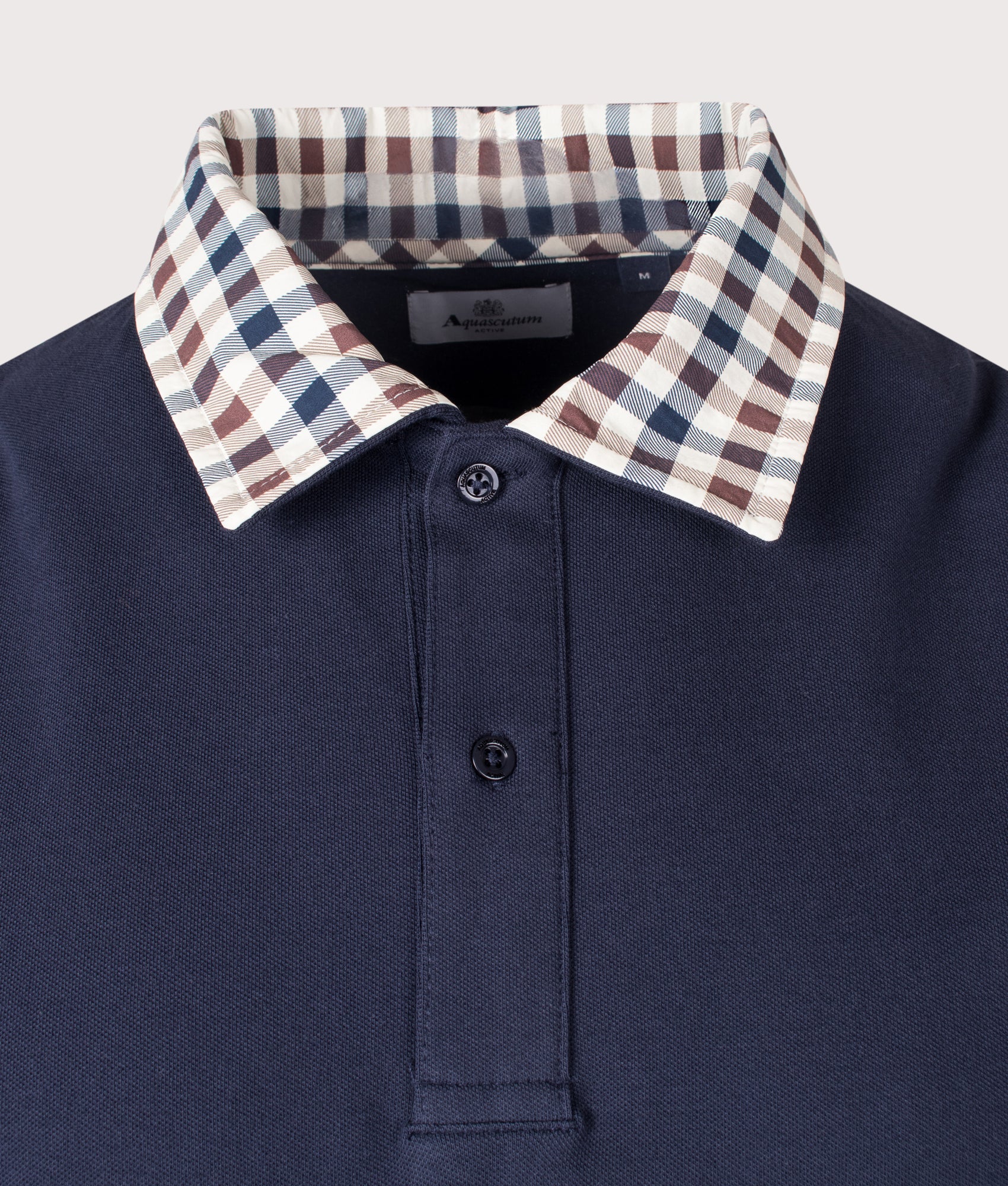 Aquascutum Club Check Collar Polo Shirt in Navy at EQVVS Menswear. Detail shot.