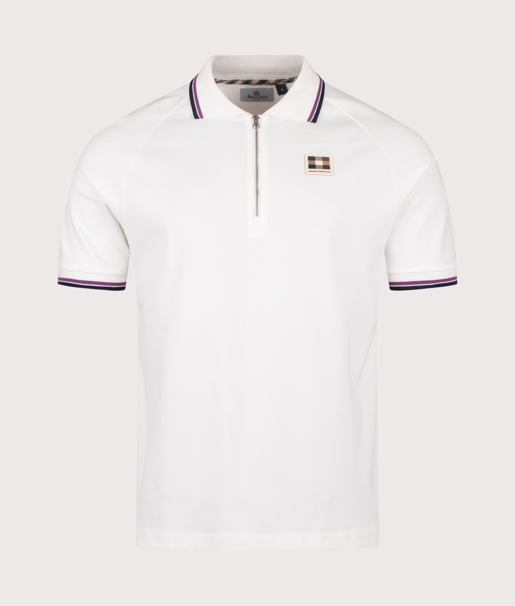Aquascutum Stretch Piquet Quarter Zip Polo Shirt in Old White at EQVVS Menswear. Front shot.