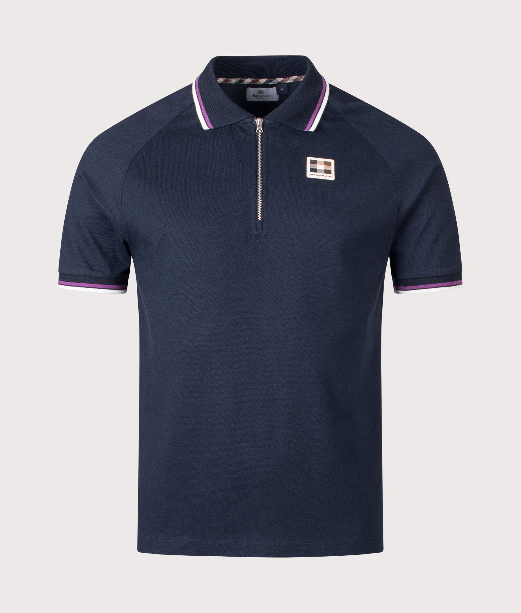 Aquascutum Stretch Piquet Quarter Zip Polo Shirt in Navy at EQVVS Menswear. Front shot.