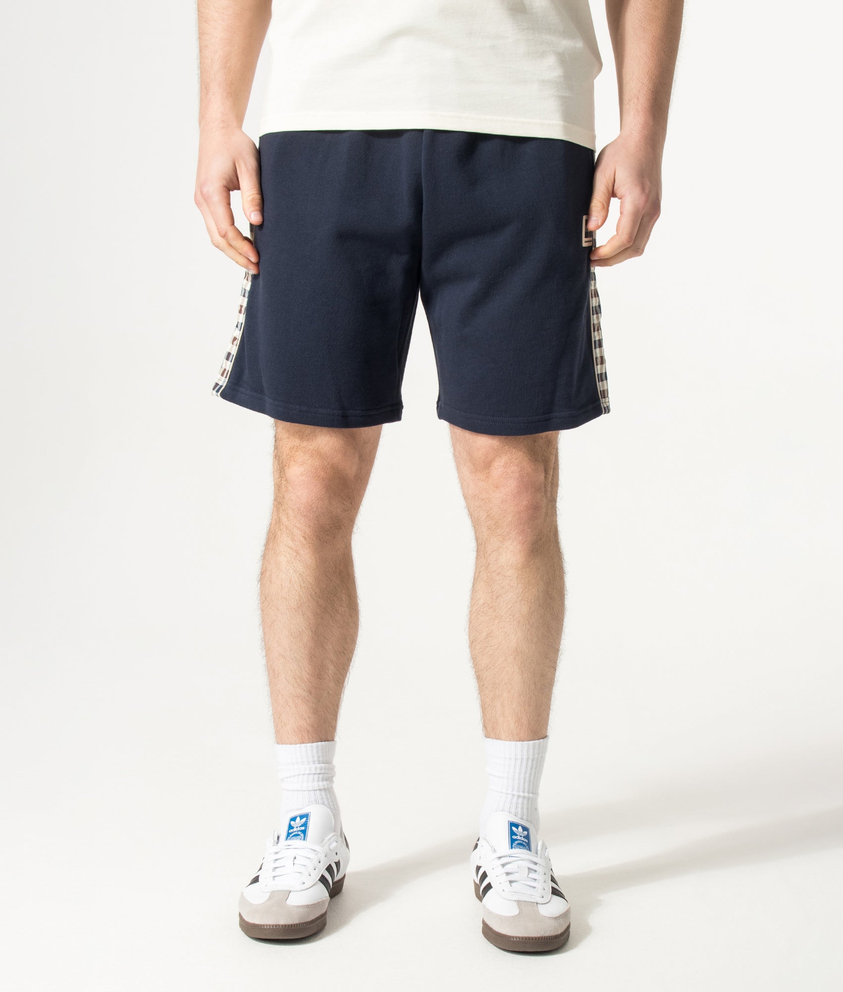 Aquascutum Lamina Insert Sweat Shorts in Navy at EQVVS Menswear. Front shot.