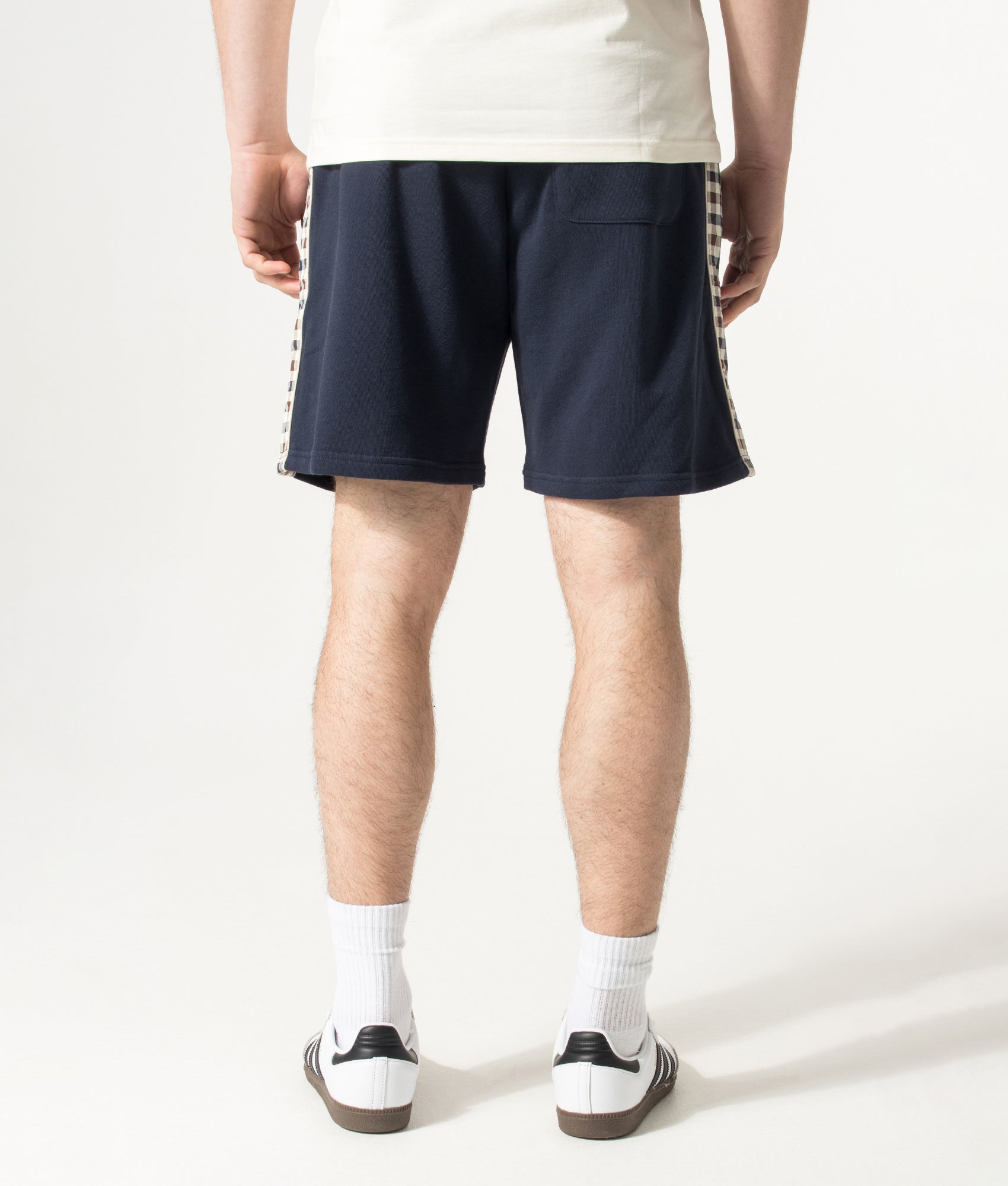 Aquascutum Lamina Insert Sweat Shorts in Navy at EQVVS Menswear.  Back shot.