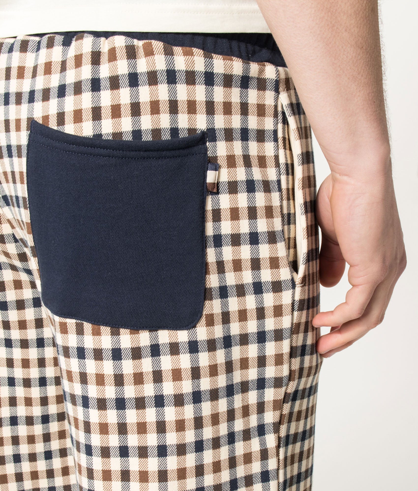 Aquascutum Club Check Sweat Shorts in Navy and Club Check at EQVVS Menswear. Rear detail shot.