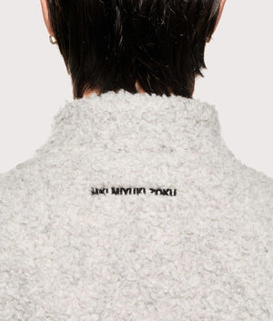 MKI MIYUKI ZOKU Wool Fleece Track Jacket in Oatmeal at EQVVS Menswear. Detail shot.