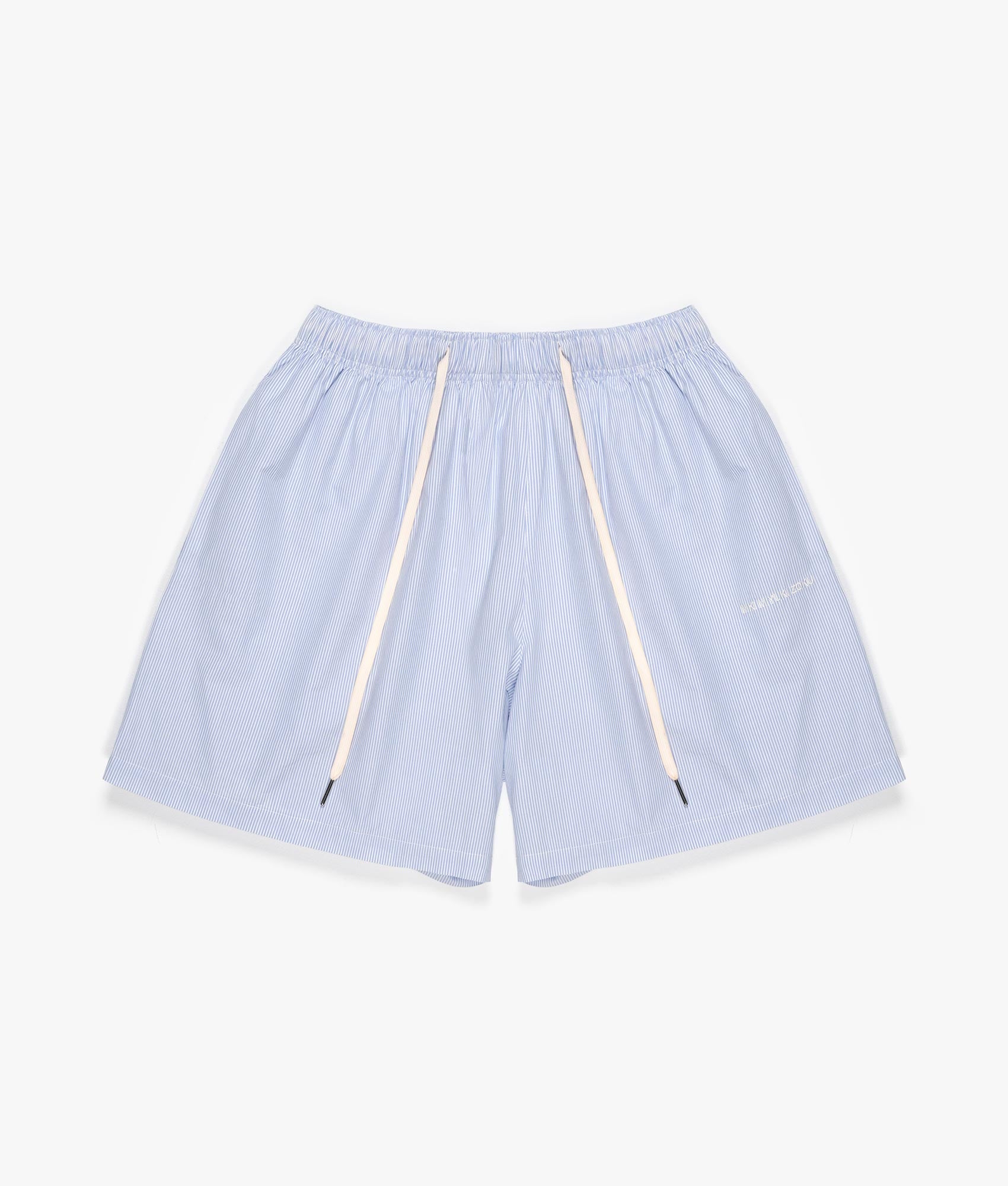Relaxed Fit Striped Shorts in Blue by MKI MIYUKI ZOKU. EQVVS Front Flat Shot. 