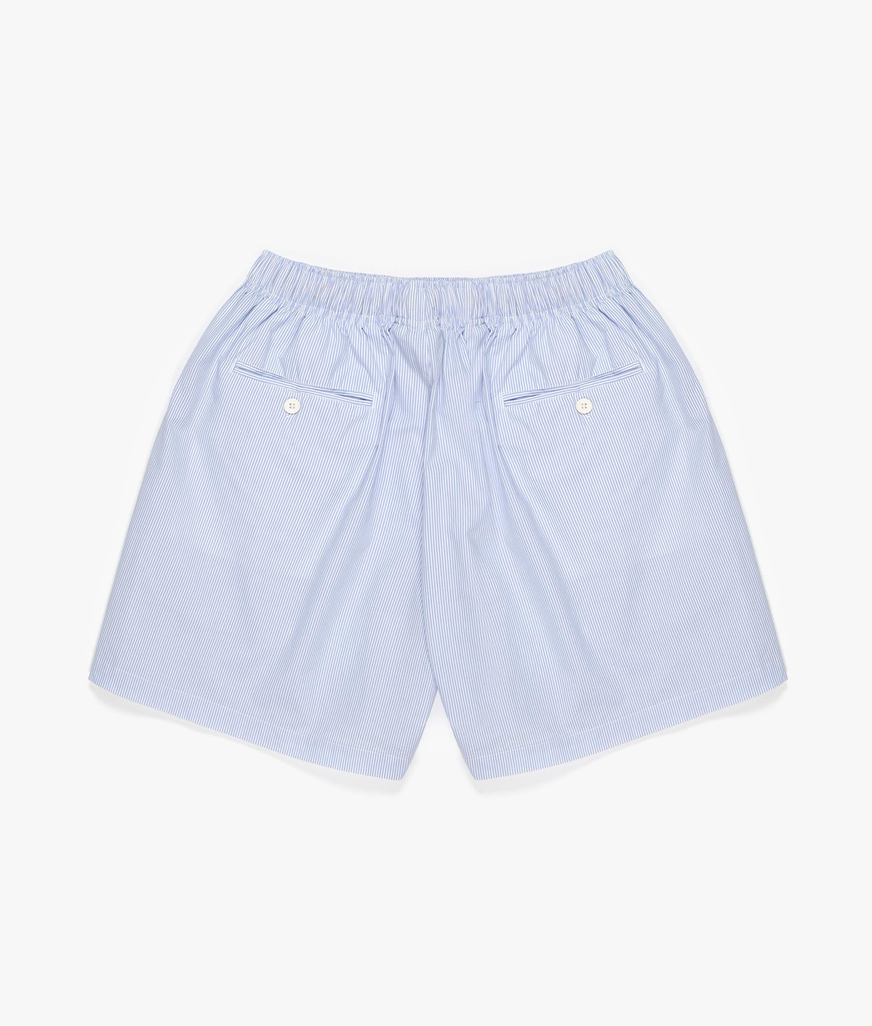 Relaxed Fit Striped Shorts in Blue by MKI MIYUKI ZOKU. EQVVS Back Flat Shot.