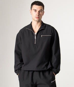 Seersucker Quarter Zip Sweatshirt in Black | MKI MIYUKI ZOKU | Shot at EQVVS | Front model shot 