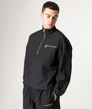 Seersucker Quarter Zip Sweatshirt in Black | MKI MIYUKI ZOKU | Shot at EQVVS |  Front model shot 