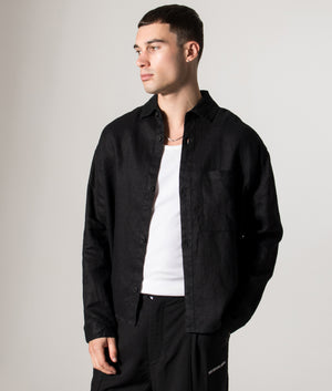 Linen Box Dress Shirt. Shot by EQVVS. Model front angled shot.